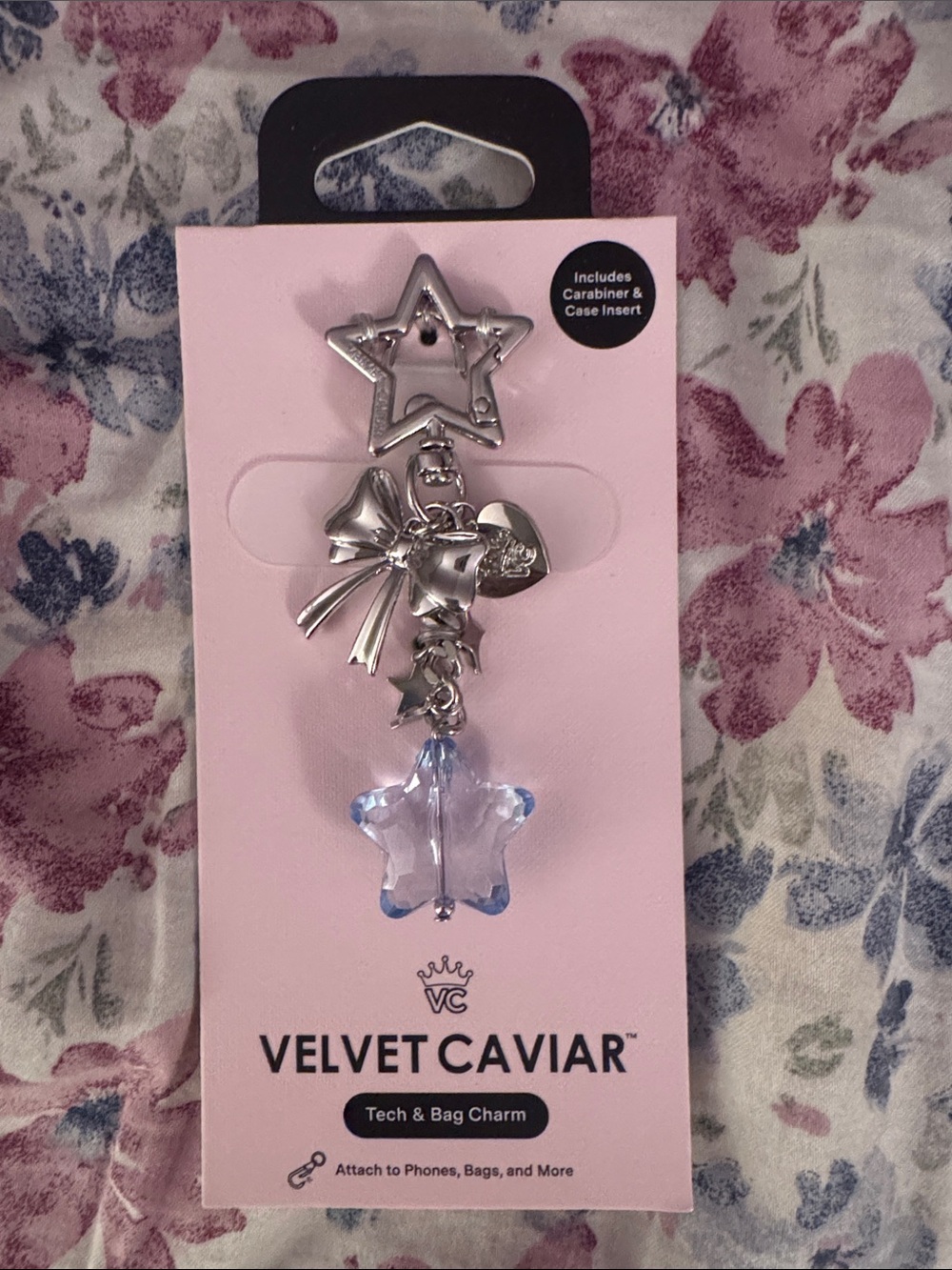 Velvet Caviar Silver Bow & Heart Charm with Pale Blue Star Dangle